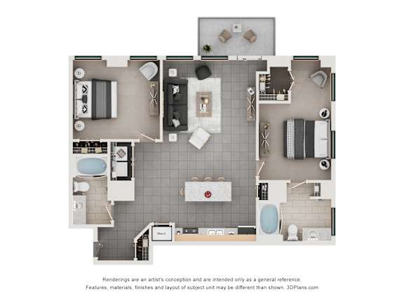 Floor Plan  A floor plan of a house with a kitchen, living room, and bathrooms.