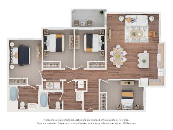 Floor Plan  A 3D floor plan of a house with labeled rooms.