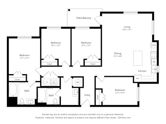 A black and white floor plan of a house with a living room, three bedrooms, a dining room, a kitchen, two bathrooms, and an entry.
