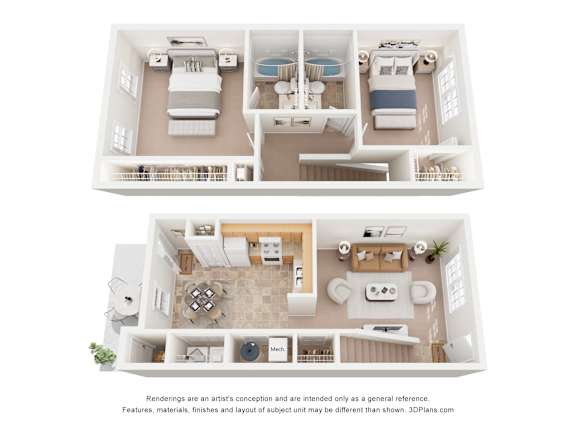 A 3D floor plan of a house with two bedrooms, a living room, a kitchen, and a bathroom.