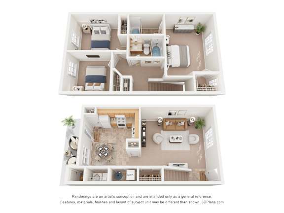 A 3D floor plan of a two-bedroom apartment with a living room, kitchen, and bathroom.