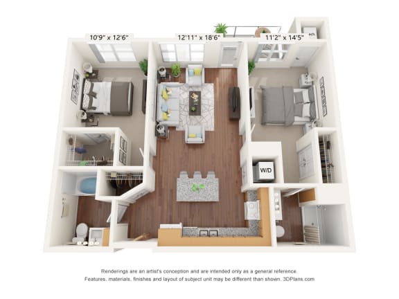 Brighton Oaks_3D_2 Bedroom Floor Plan_2B