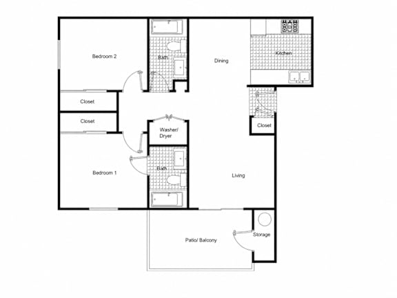 A floor plan of a house with two bedrooms, a kitchen, a storage area, and a pantry.