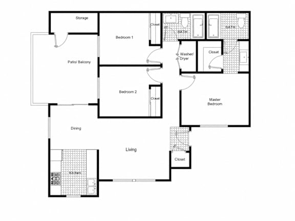 A floor plan of a house with a living room, dining room, kitchen, two bedrooms, a storage area, and a patio.