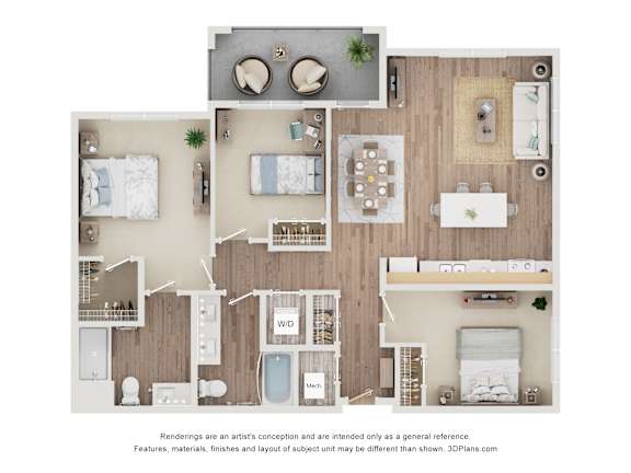 3BR A Furniture Floor Plan at Cobia Cove Apartments, Holiday, Florida