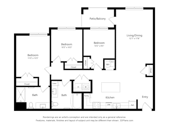 3Bed 2Bath Floor Plan at Cobia Cove Apartments, Florida, 34691