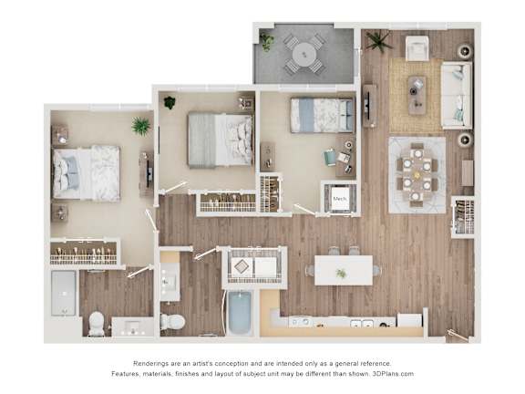 3BR B Furniture Floor Plan at Cobia Cove Apartments, Holiday, 34691