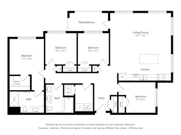 A black and white image of a floor plan for a house with a living/dining area, kitchen, and four bedrooms.