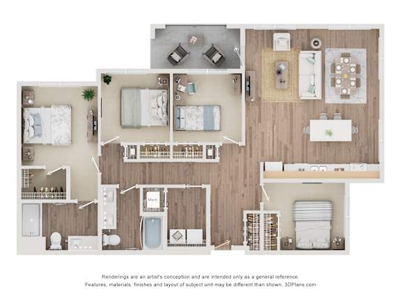 A 3D floor plan of a house with a kitchen, living room, and two bedrooms.