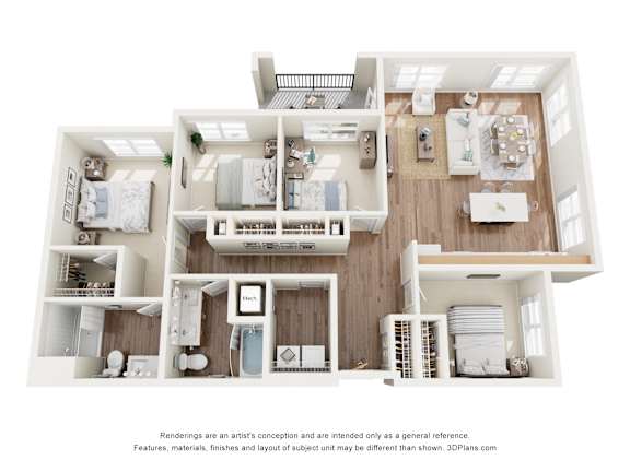A 3D floor plan of a house with a kitchen, living room, and bedrooms.