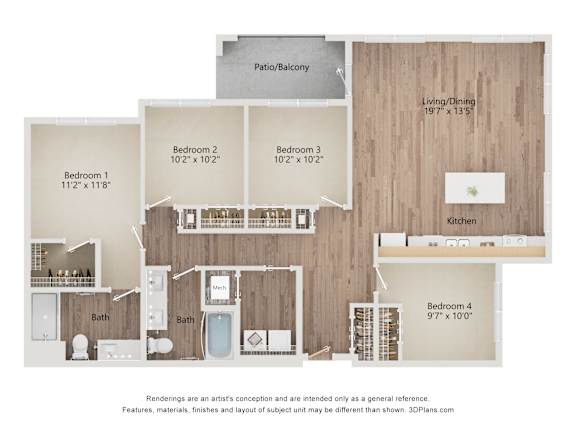 A floor plan of a house with four bedrooms, a living/dining area, a kitchen, a bath, and a patio/balcony.