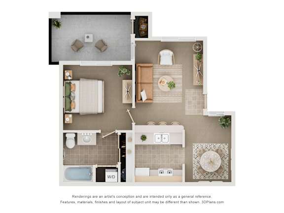A floor plan of a small apartment with a kitchen, living room, and bathroom.