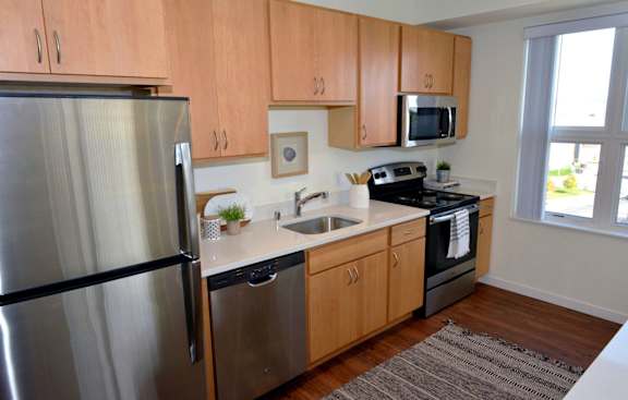 Kitchen with wooden floor at 1500 Nicollet, Minneapolis