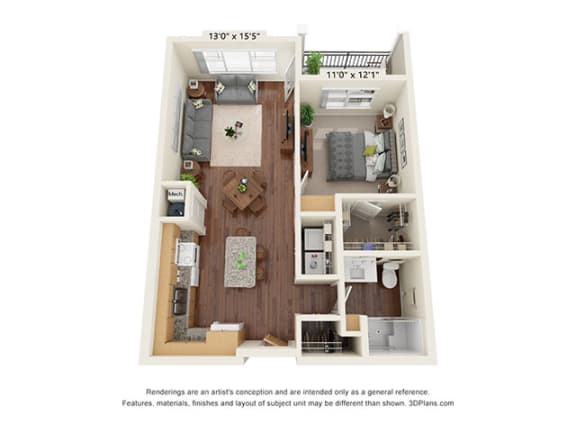 One Bedroom 1 bath Floor Plan A at Covington Crossings 55+ Senior Living, Covington, Georgia