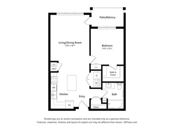 One Bedroom 1 bath Floor Plan B at Covington Crossings 55+ Senior Living, Covington, 30014
