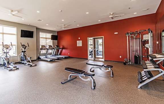 A spacious gym with a variety of equipment including treadmills, elliptical machines, and weight machines.