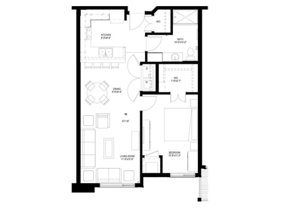 Floor Plan  1 Bedroom Floor Plan at The Grainwood Senior Apartments, Prior Lake, MN 55372