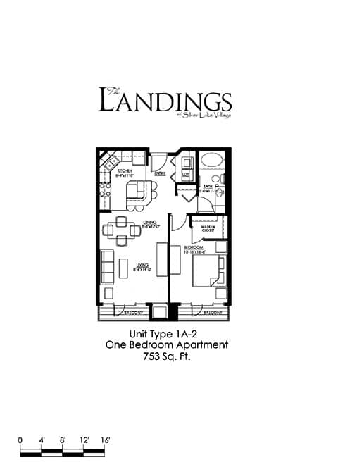 Floor Plan  1 Bedroom Floor Plan at The Landings at Silver Lake Village, St. Anthony, MN 55421