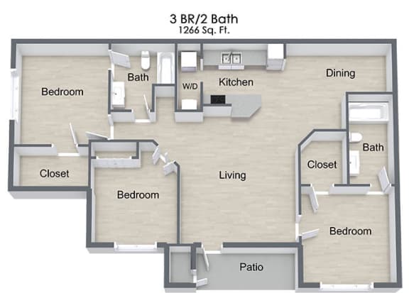 Floor Plan  3 Bedroom Floor Plan at Pine Tree Apartments, Omaha, NE 68114
