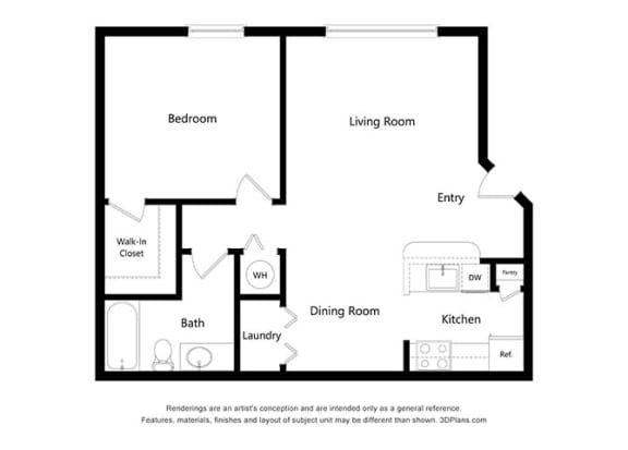 1 Bedroom Floor Plan at Pinewood Apartments, Houston Texas