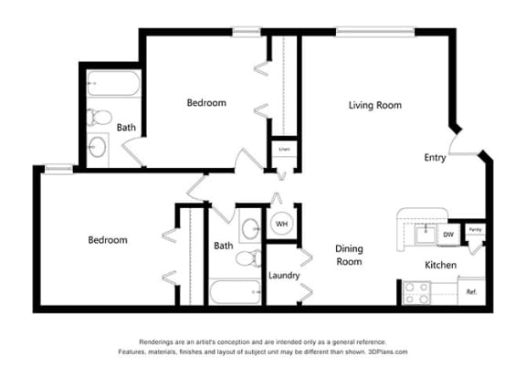 2 Bedroom Floor Plan at Pinewood Apartments, Houston