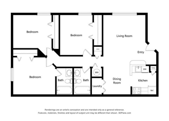3 Bedroom Floor Plan at Pinewood Apartments, Texas, 77396