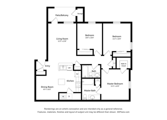 3 Bedroom Floor Plan at Stoneridge Apartments, Pflugerville Texas