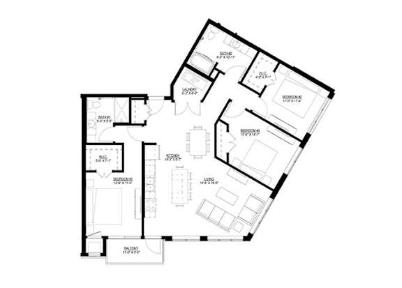 3 Bedroom Floor Plan at Union Flats, St. Paul, 55114
