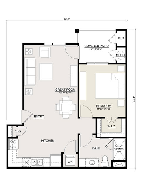 1 Bedroom 1 Bath Floor Plan at Ventura at Tradewinds, Texas, 79706