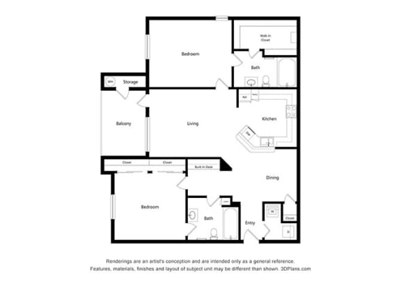 2 Bedroom Floor Plan 2 Bedroom Floor Plan at Capitol Crossing, Austin, 78744
