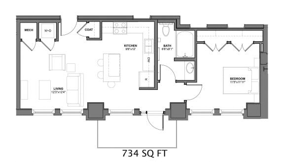 the floor plan of 777 sq ft apartment