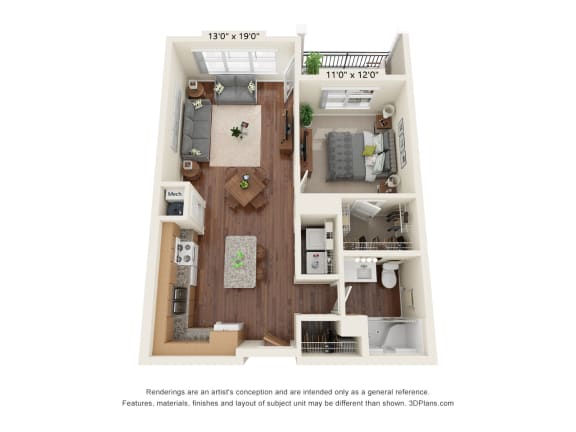 Ashlynn Ridge_3D_1 Bedroom A2 Floor Plan