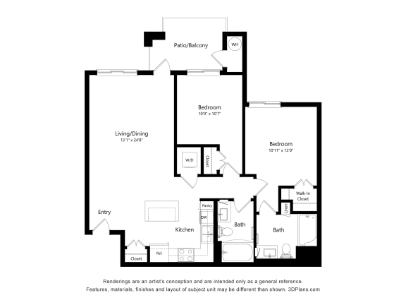 2BD Floor Plan Blueprint at Aviara Flats, Phoenix, 85035