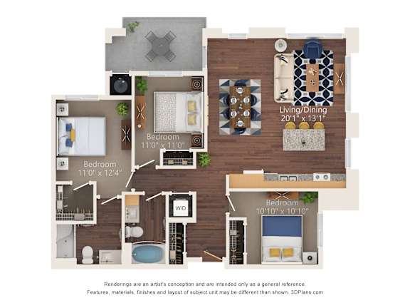 A 3D floor plan of a house with labeled rooms and dimensions.