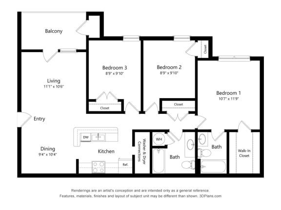 Floor Plan  Flats on Waters Edge_2D_3 Bedroom Floor Plan_3x2