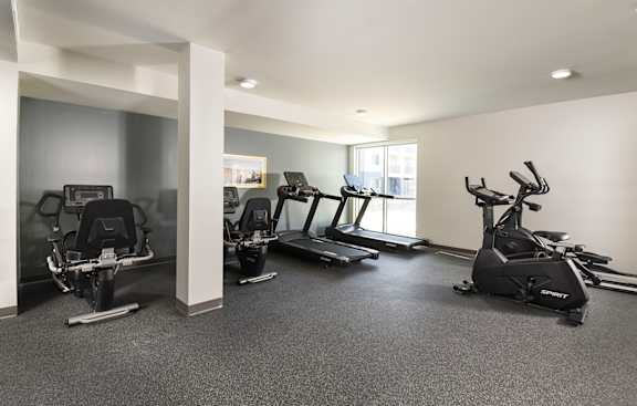 A spacious gym with a row of treadmills and elliptical machines.