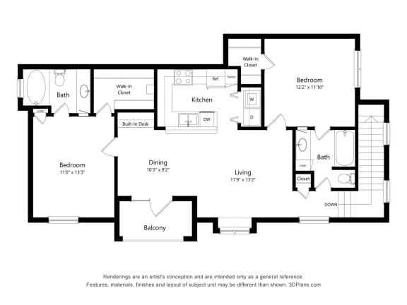 Floor Plan  2 bed 2 bath D&#xA0;at Lakeside Pointe Apartments &amp; Townhomes, Pearland