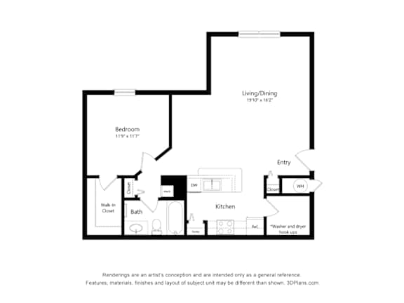 A floor plan of a small apartment with a living/dining area, kitchen, bathroom, and bedroom.