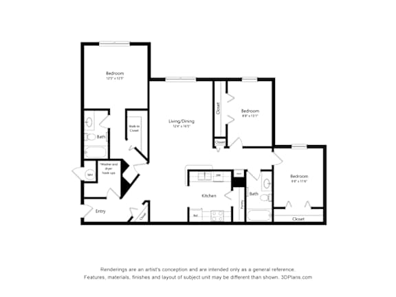 A black and white floor plan of a house with three bedrooms, a living area, a kitchen, a bathroom, and an entry.