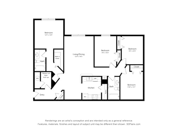 A black and white drawing of a house layout with a kitchen, living room, and three bedrooms.
