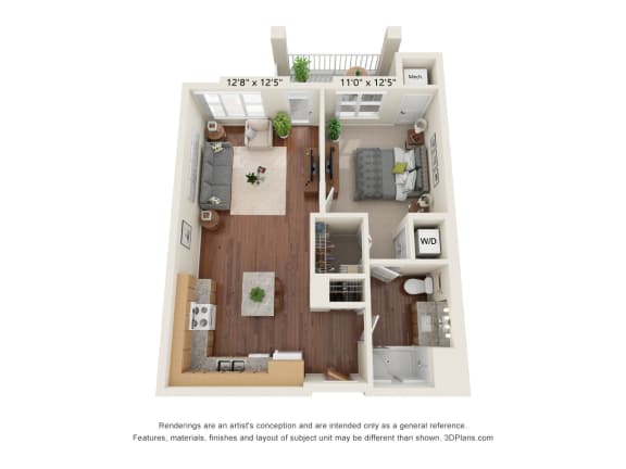 1 Bedroom Floor Pan at Oaks Landing 55+ Apartments, New Brighton, 55112
