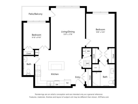 2 bed 1.5 bath floor plan A at Preserve at Peachtree Shoals 55&#x2B; Apartments, Dacula