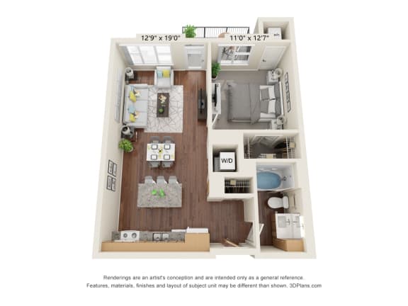 Floor Plan  The Oasis at Twin Lakes_3D_1 Bedroom - B