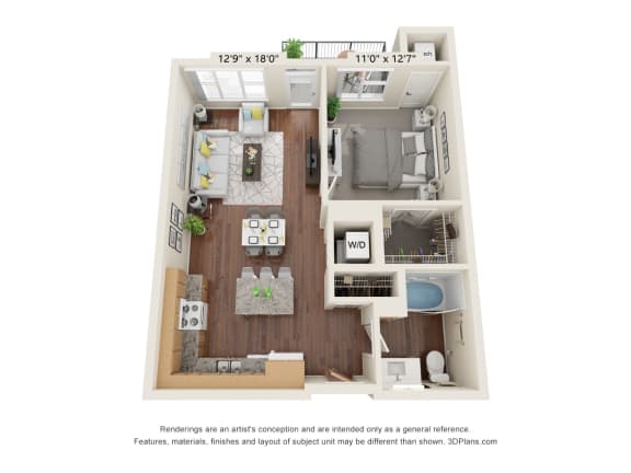 Floor Plan  The Oasis at Twin Lakes_3D_1 Bedroom - C