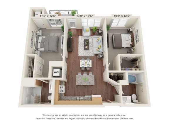 Floor Plan  The Oasis at Twin Lakes_3D_2 Bedroom - A