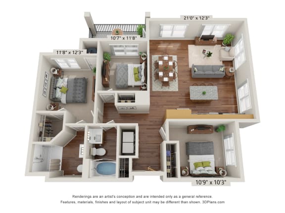 Floor Plan  3 bed 2 bath H at The Meridian Apartments, Georgia