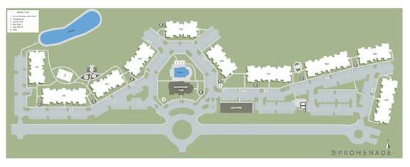 A map of a residential area with a lake and a promenade.