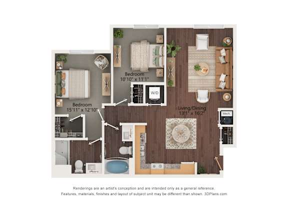A 3D floor plan of a home with a living room, dining room, kitchen, and two bedrooms.