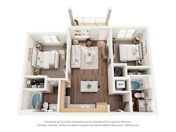 A 3D floor plan of a house with a kitchen, living room, and bathrooms.