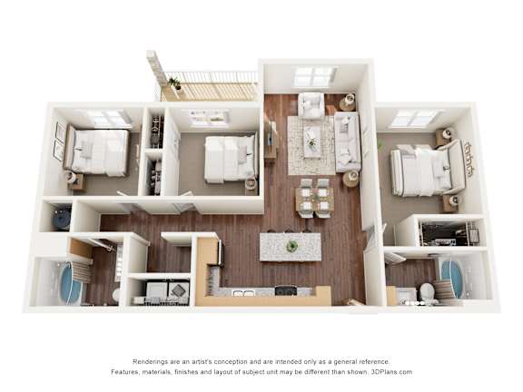 A 3D floor plan of a house with multiple rooms.